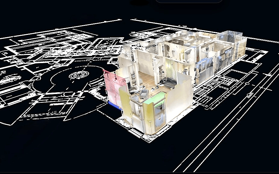 3D scan overlaid on approved floor plan with a wall deviation highlighted in red